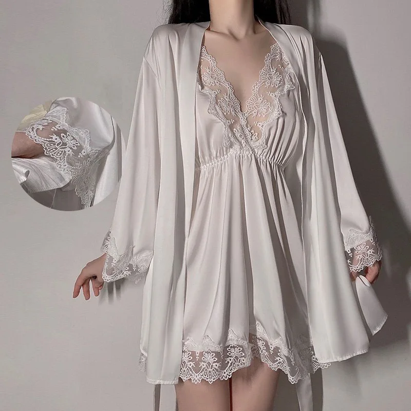 Satin Lace Suspender Nightdress 3 Piece Sets Home Wear Girl White Long Sleeve Sleep Nightgown Pajamas Bride Kimono Robe Set