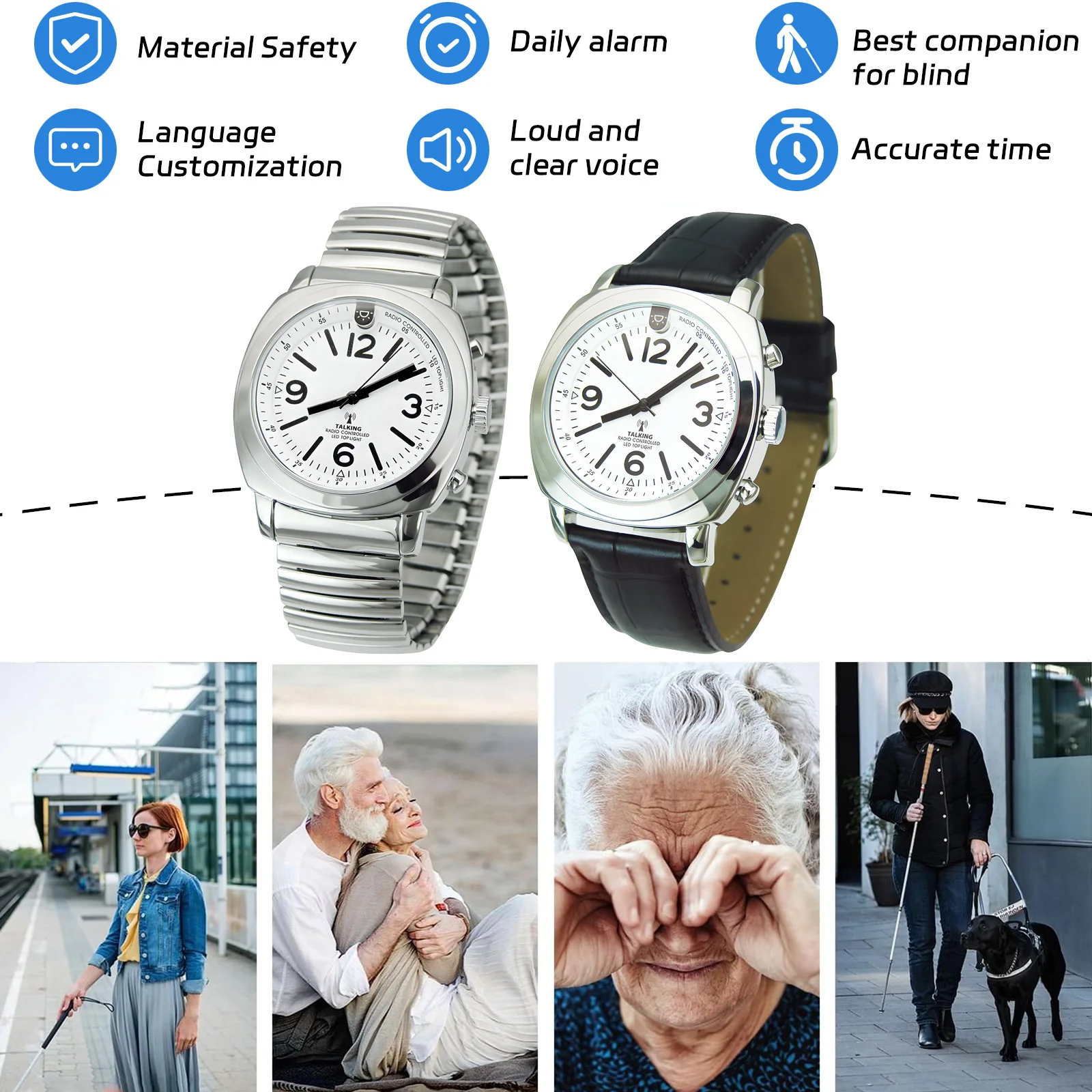 Square Business Real Human Voice Atomic Talking Watch with Clear and Loud Alarm watch for Visually Impaired and blind people