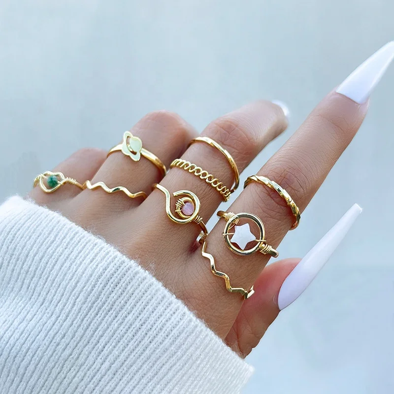 Bohemian Gold Color Flower Ring Set 10 pc Hollow Butterfly Pearl Heart Geometric Rings Finger Simple Jewelry Set