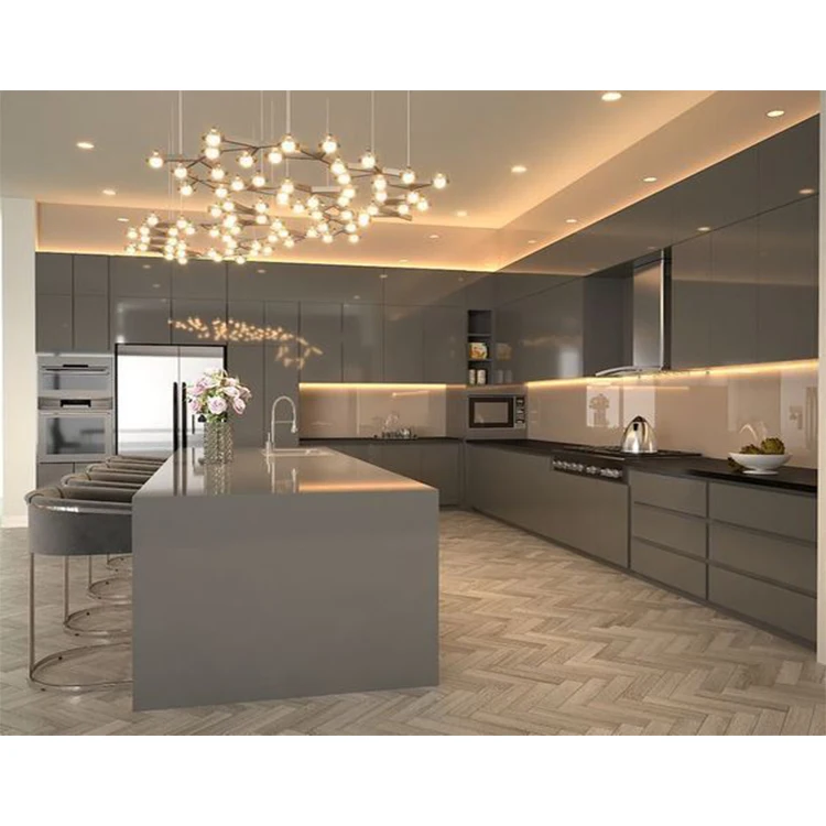 Modern gray color glossy mdf wood kitchen cabinets designs full set high gloss grey finish lacquer kitchen cabinet