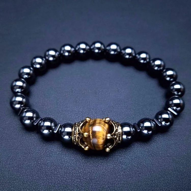 Wholesale Fashion Crown Natural Stone Beads Tiger eye Lava Lapis Charm Bracelets For Men Can be customized