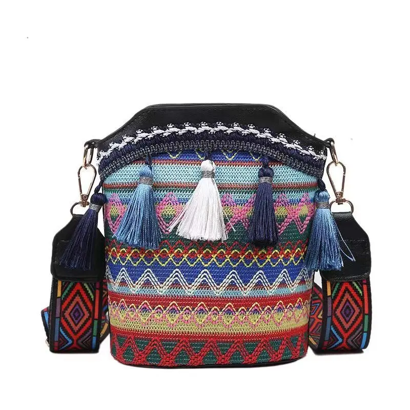 New Ethnic Style Hand-held Webbed Bucket Bag Fringed 0ne-shoulder Crossbody Bag For Women
