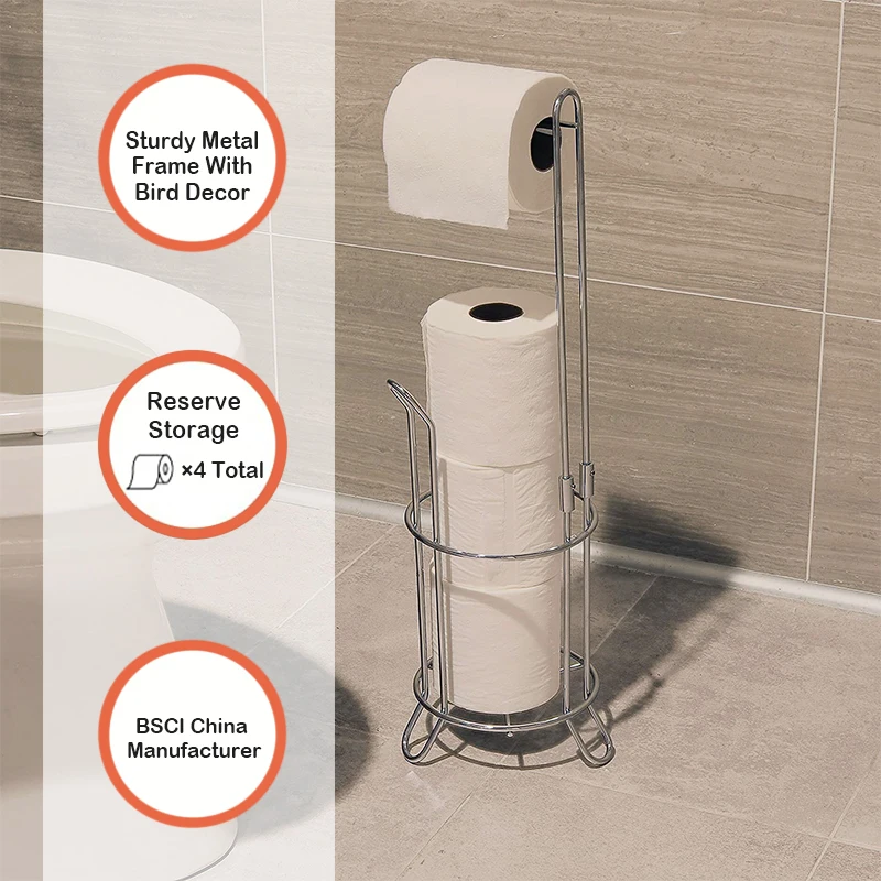 Floor Stand Detachable Toilet Tissue Paper Roll Storage Holder Stand Chrome Wire 2 pieces Toilet Paper Holder With Storage Caddy