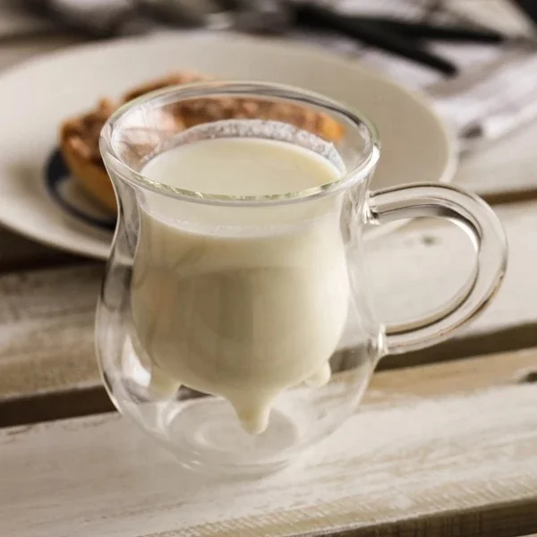 Hot Selling Double Wall Glass Cow Milk Tea Cup, Heat Resistant High Borosilicate Glass Milk Mug With Handle 350ml
