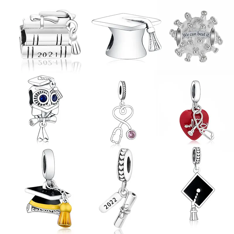 925 Silver Book Scroll Graduation Hat Beads Charm Fit Original Charms Bracelet Jewelry Making For School Student Teacher Gift