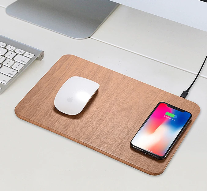 
High quality Fake wood PU 10W Wireless Charger Mouse Pad 2 in 1 QI Wireless charging mouse Mat for iphone 12 