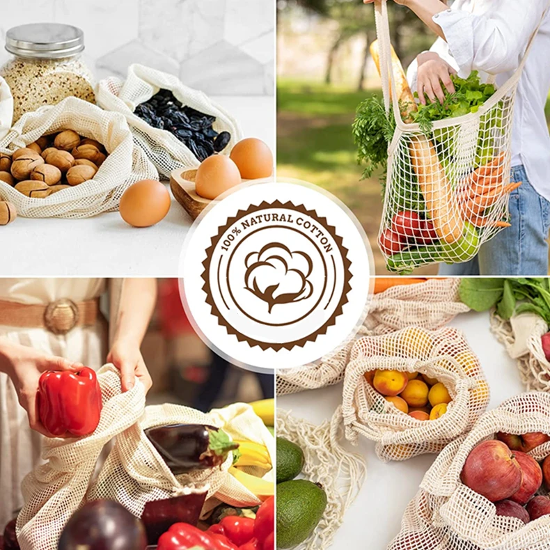 Reusable Grocery Bags Cotton, Zero Waste Farmer Market Fruit and Vegetable Bag, string Mesh Shopping Net Bag beach bag mesh