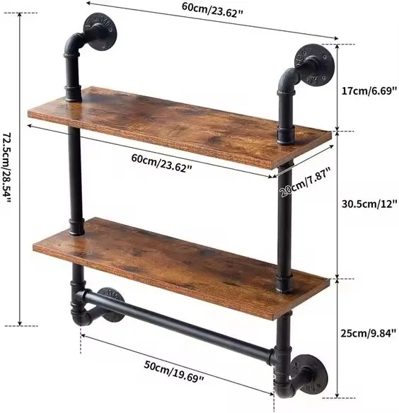 2 Tiers Industrial Matte Black Pipe Floating Shelves with Towel Bar, 24 Inch Farmhouse Vintage Style Shelf for Bathroom