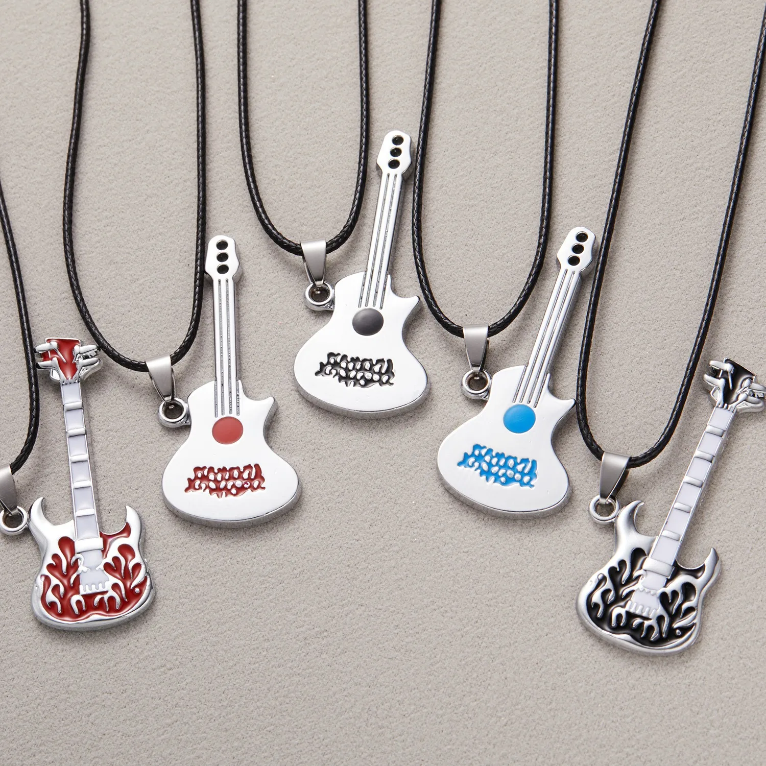 Unique Rock Music Lover Hiphop Jewelry Enamel Black Guitar Red Violin Stainless Steel Pendant Black PU Leather Necklace for Men