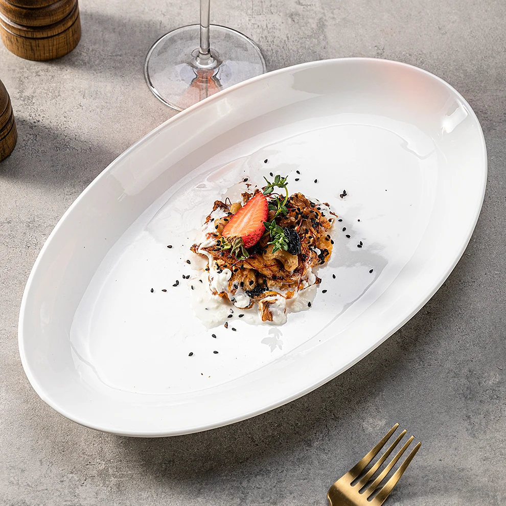 Restaurant and Buffets Vajilla De Porcelana Dish Teller  Microwave Safe Simple Korean Style Oval Deep Platter Fish Serving Plate
