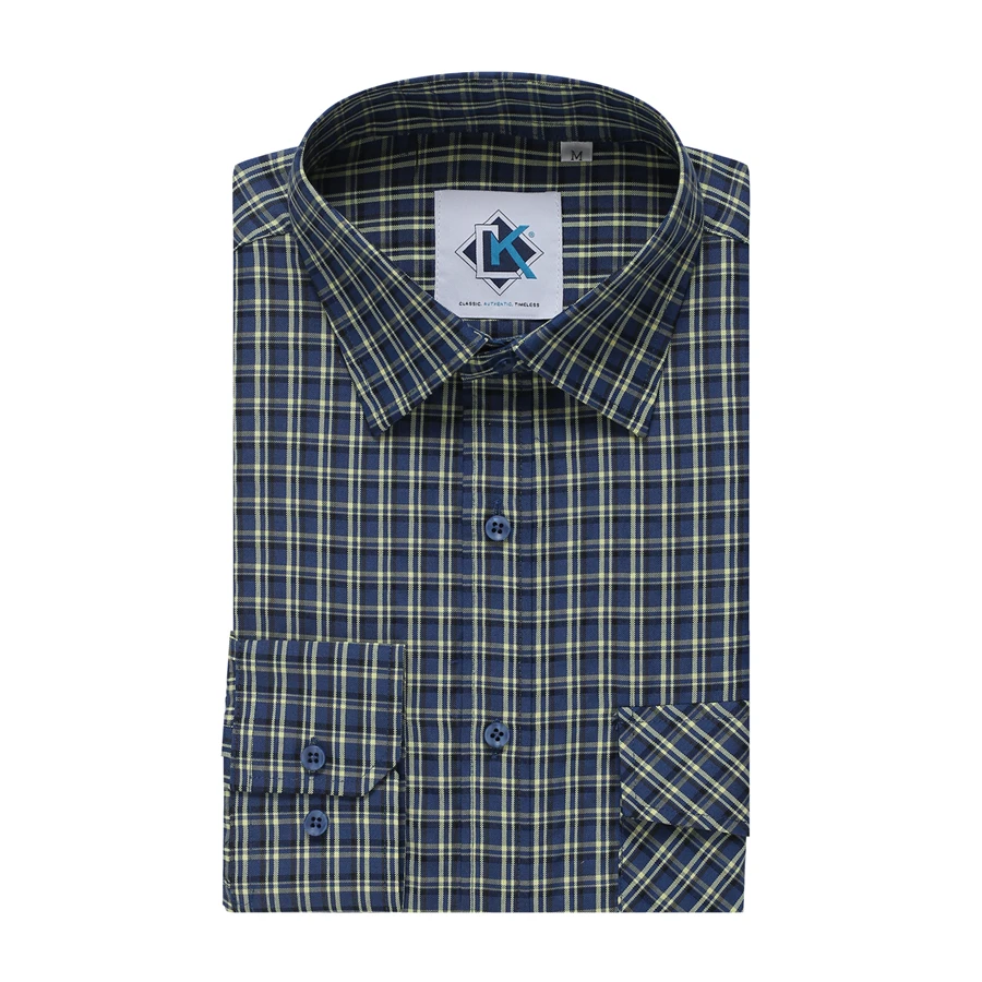 Factory Supplier High Quality Long Sleeve Two Pockets Office Business Olive Green Plaid Shirts for Men