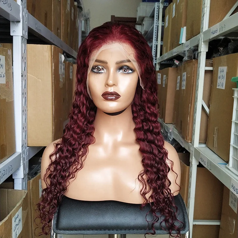 30 40 inch Deep wave 99j Burgundy  13x4 13x6 brazilian raw indian human hair Transparent ha lace front wigs for black women