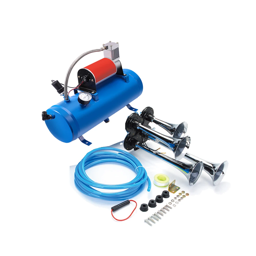 4Trumpet Air Horn 12V Compressor Kit Blue Tank Gauge For Train Truck Car 150PSI Trumpet Air Horn