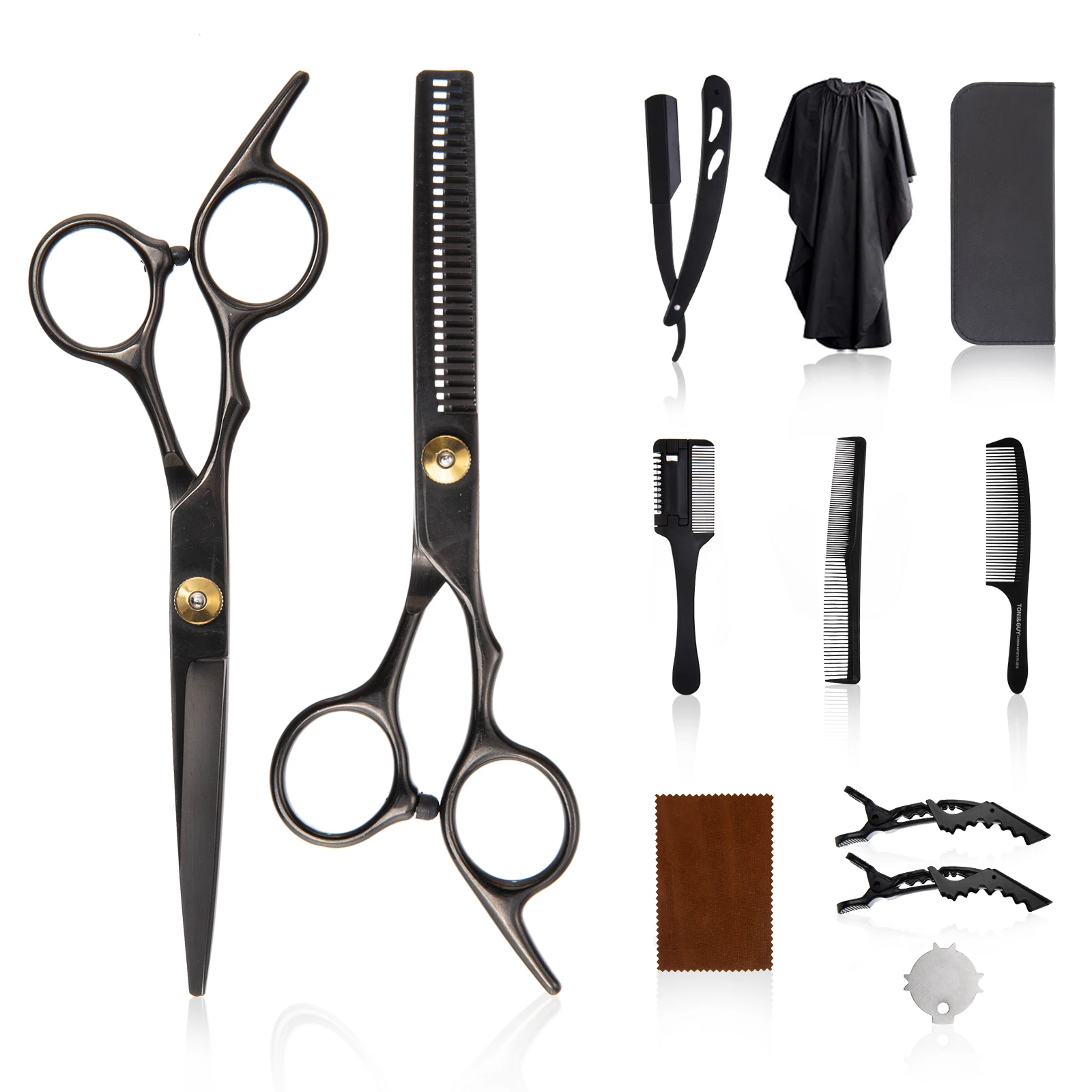 11 PCS Black Hair Cutting Scissor Beauty Steel Thinning Shear salon cape Barber tool Hair Cutting Scissors Set hair styling comb
