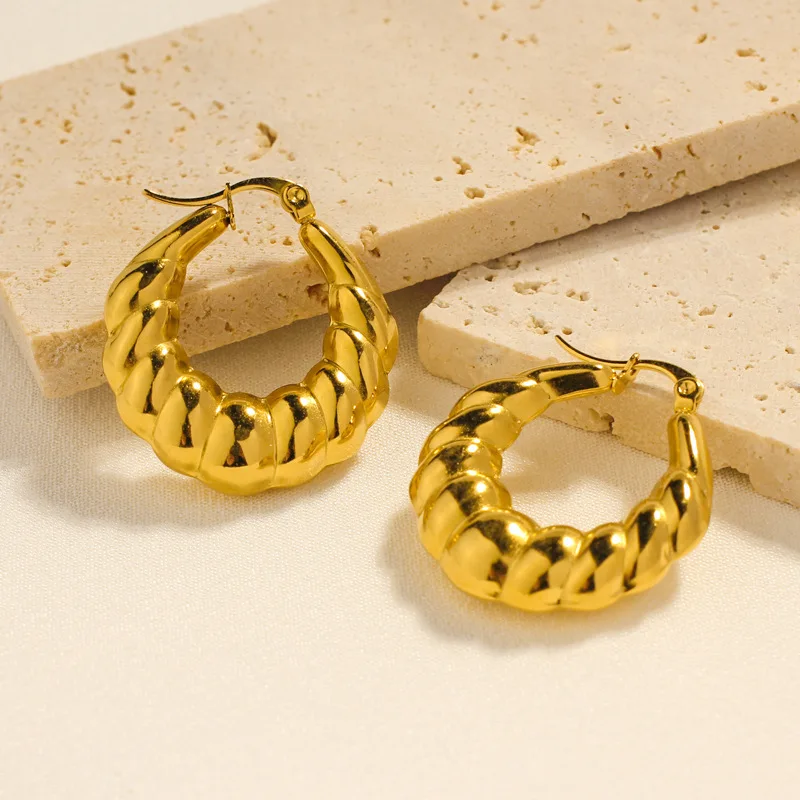 Trend Stainless Steel Hollow 18K Gold Plated Hoop Screw Twisted Earring