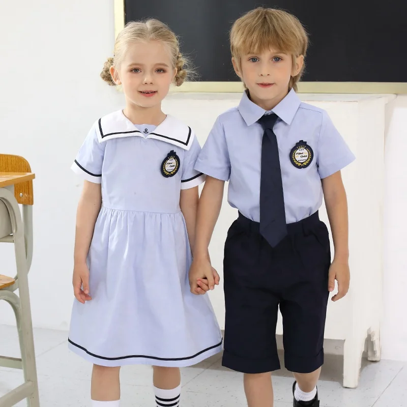 sky blue color upmarket quality sailor style  kindergarten and primary summer school uniform dress and short set