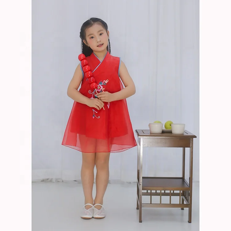 
Chinese wholesale Qipao For Girls Sleeveless Party dress embroidered lace cheongsam dress for kids prom wears 