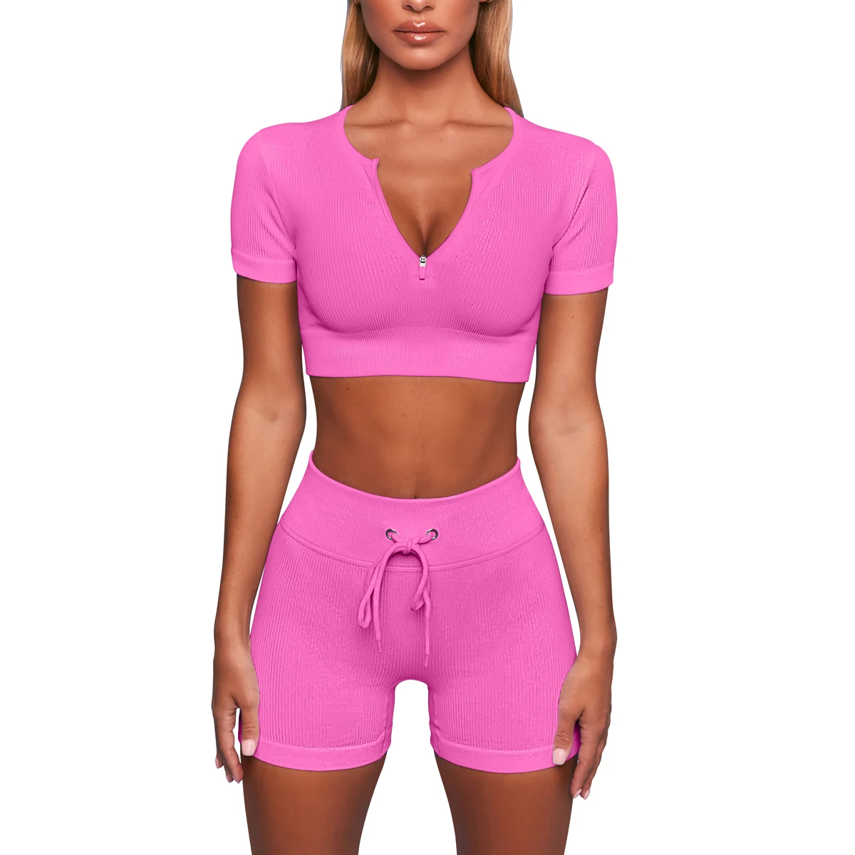 2 piece workout clothing women lace up yoga pants gym sexy vneck crop top with zipper casual sportswear BK278