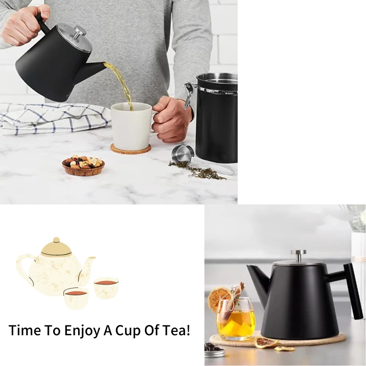 New Style Double Wall 1.2L Coffee Tea Kettle Stainless Steel Coffee Tea Pot with Filter