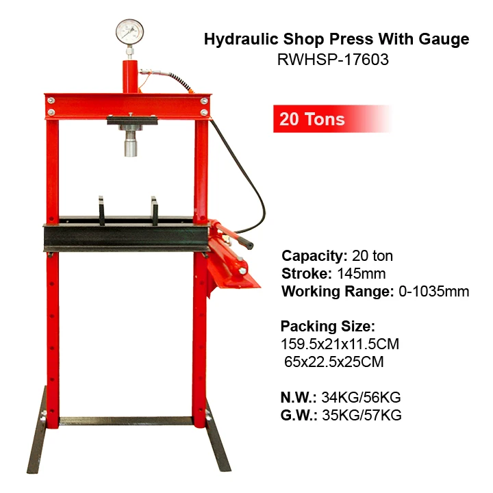 20 Ton Hydraulic Cylinder Shop Press Vehicle Equipment Manual Car Hydraulic Shop Press Tools Machine With Pressure Gauge CE
