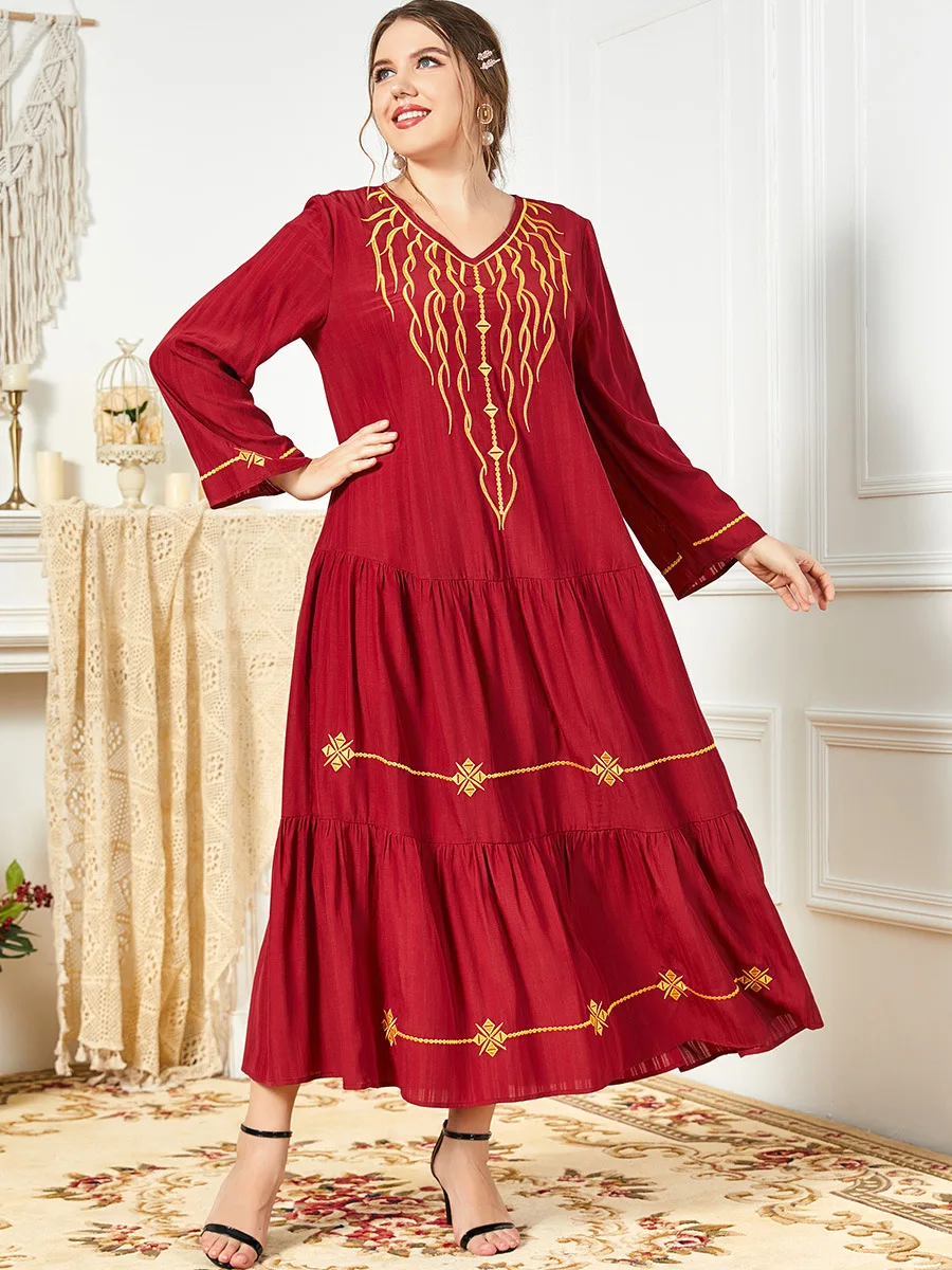 Pure Red with Gold Embroidered 2022 New Wholesale Long Abaya Women Muslim Dress Pleat Designs L-4XL Clothes Women Muslim Fashion