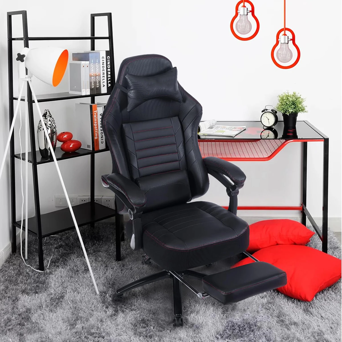 new design reclining gamer chair with footrest Bluetooth massage gaming chair black leather