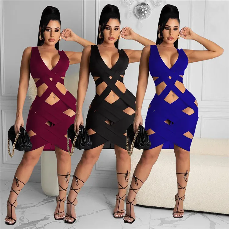
Solid color hollow tight fitting sleeveless V neck women dresses summer lady clothing midi dress with black multi colors 