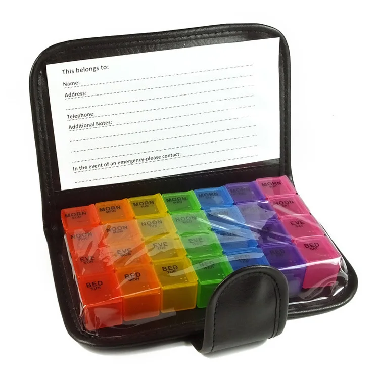 28 Compartments Weekly Monthly Am Pm Medicine Storage Manufacturer Directly Sale rainbow 7 Colors Pill Box with PU Bag
