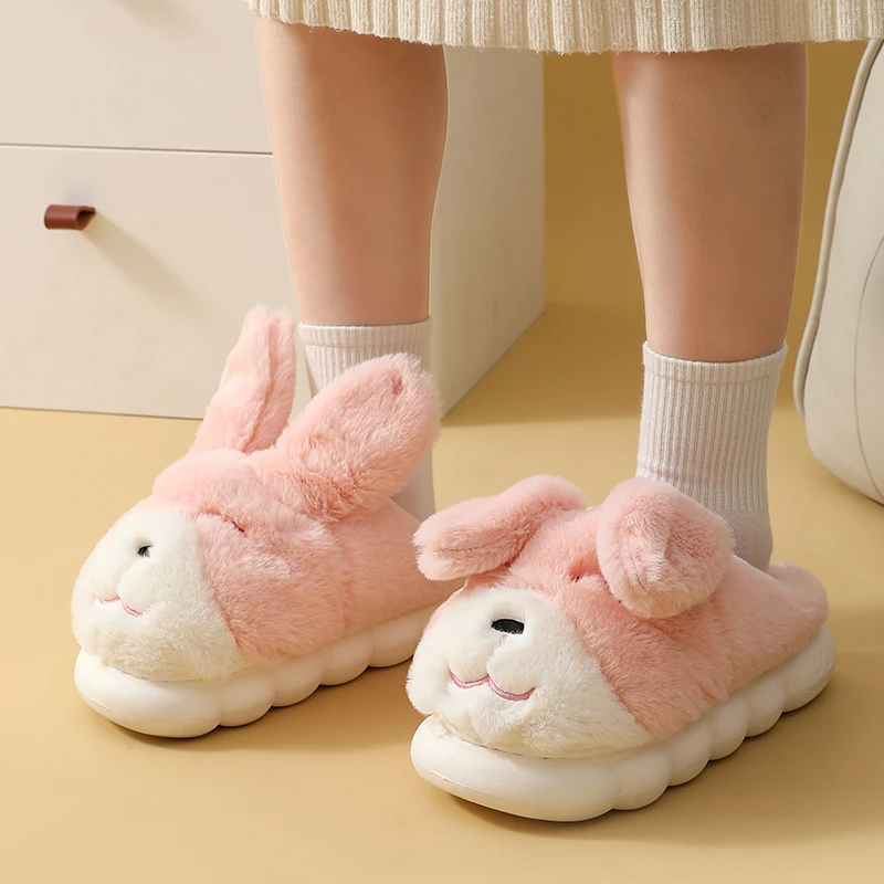 Fashion Women Slippers Winter Warm Fur Shoes Cute Rabbit Ears Soft Sole Home Indoor Ladies Plush Slides