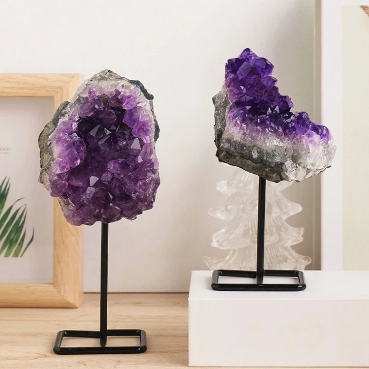 High Quality Gemstone Natural Amethyst Metal Stand Raw Quartz Crystal Healing Stone Art Crafts for Office Decoration