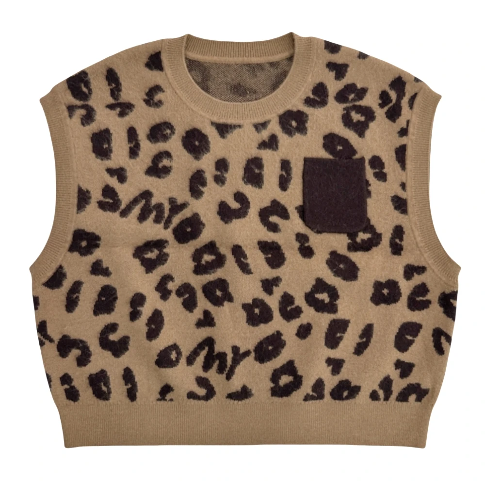Trendy Leopard Print Wool Knit Vest Women Summer/Spring Casual Pullover Tank Tops Sleeveless Crew Neck Fashionable Sweater Vest