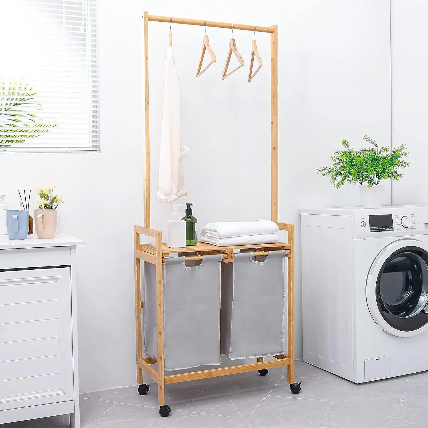 Hanging Rack Laundry Basket 2-in-1 Shelf Removable Bamboo Laundry Basket Laundry Hamper