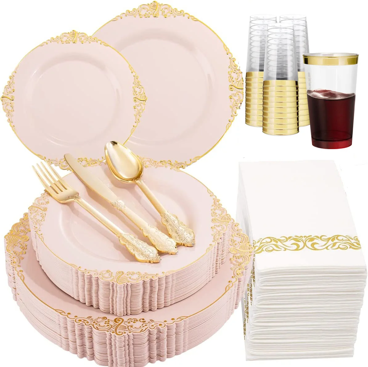New Arrival 175PCS Plastic Clear Gold Rim Charger Plates with Spoon Knife Fork and Napkin and 10oz Cups for Wedding Party
