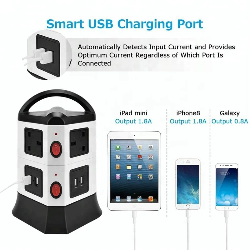 UK Tower Power Strip 6 Gang 4 USB Ports Vertical Socket Outlets Surge Protector With Overload Protection Individual Switch