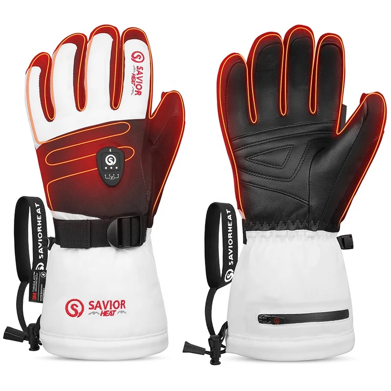 SAVIOR High Quality Goat Leather Waterproof 7.4V 3000mAh Rechargeable Battery Winter Touch Screen Heated Ski Leather Gloves Men