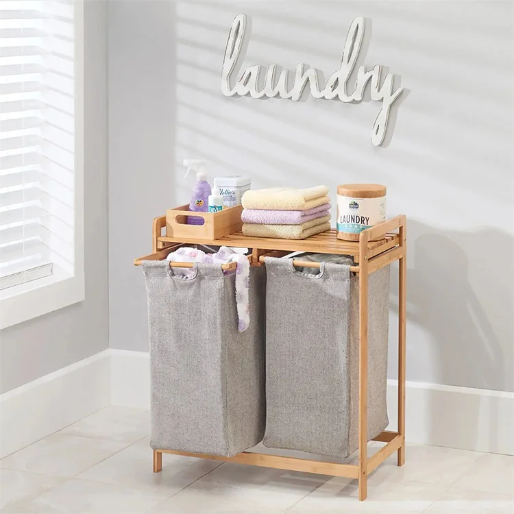 laundry basket 2 compartments Storage Laundry Hamper Bamboo dirty clothes basket