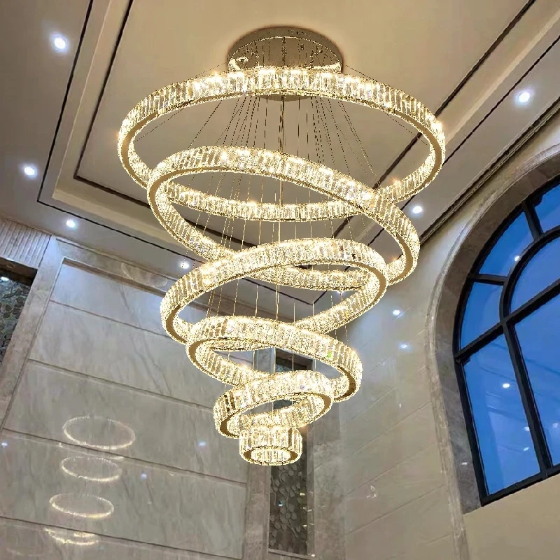 Modern LED Pendant Lamp for Living Room Crystal Hanging Lamp Circle Ring Suspended Chandelier Hotel Lobby Villa Stair Home Use