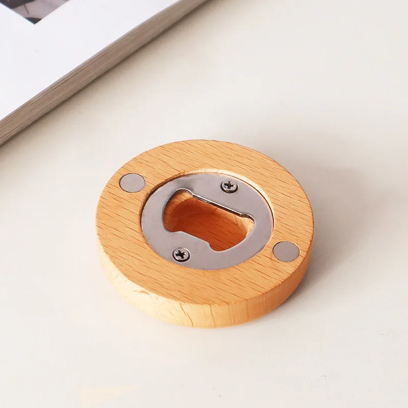Promotional Fridge Magnet Round Bamboo Wood Beer Bottle Opener for Wedding Gift