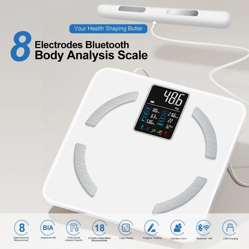 Bluetooth Weight Scale Handheld Reading LED Display APP Bathroom Scale 8 Electrodes Impedance Smart Body Fat Scale