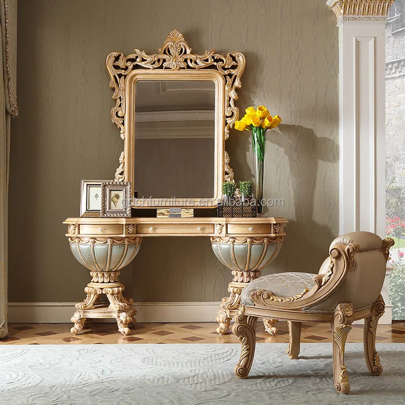 Royal Bedroom Furniture Design European Style French Antique dressing table Solid Wood handcrafted dresser set