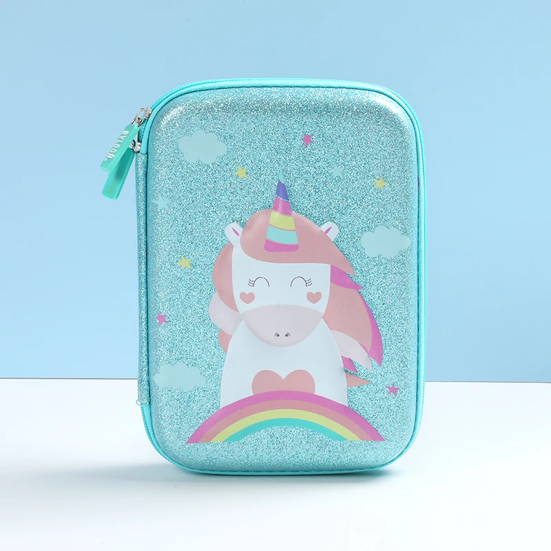 Cute Custom Logo Blue Glitter Pu Cover Pencil Pouch 3D Embossed Unicorn Design Pencil Case Bag For Girls