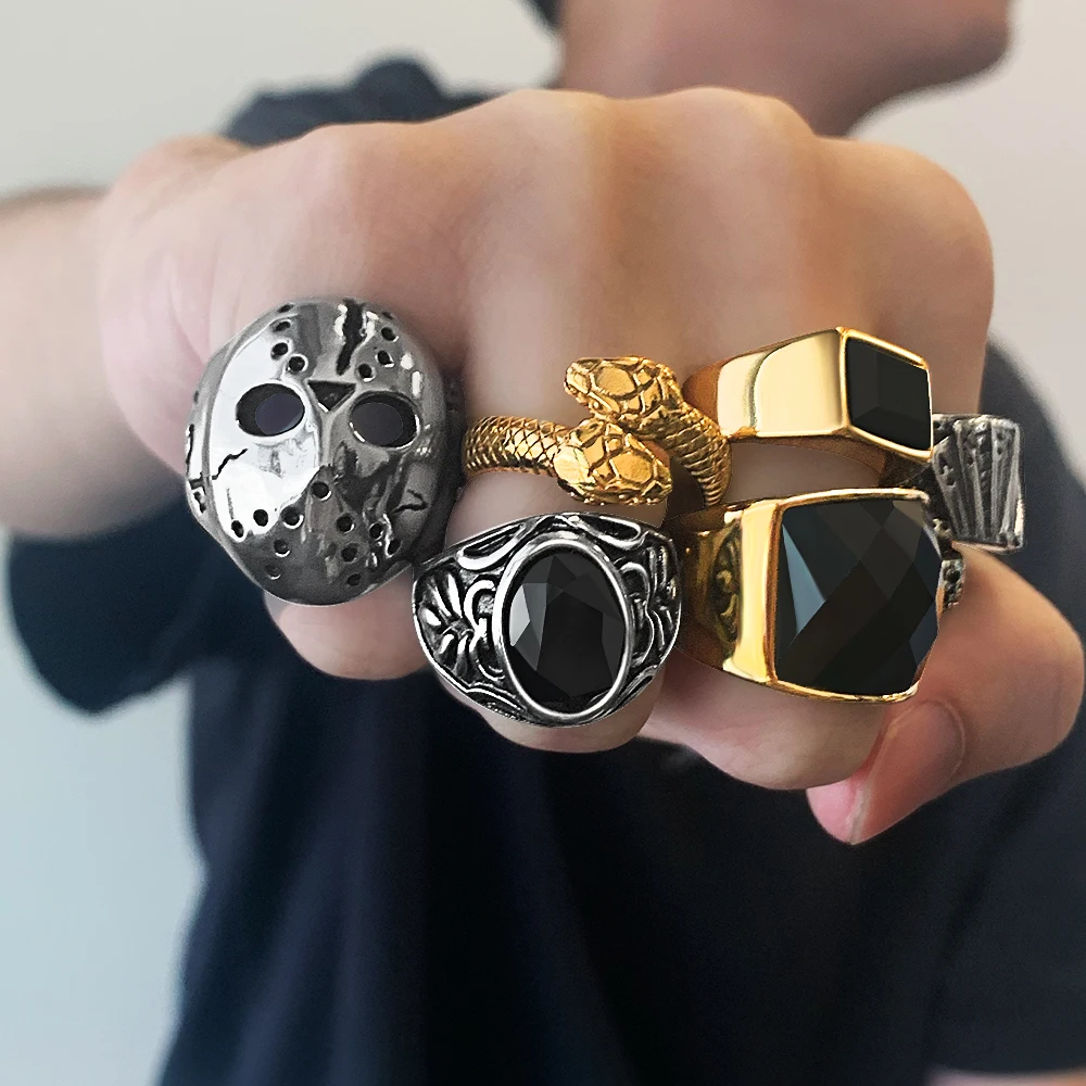  Dylam Men Jewelry 2021 Trendy Silver Gold Plated Chunky Agate Onyx Stainless Steel Rings For