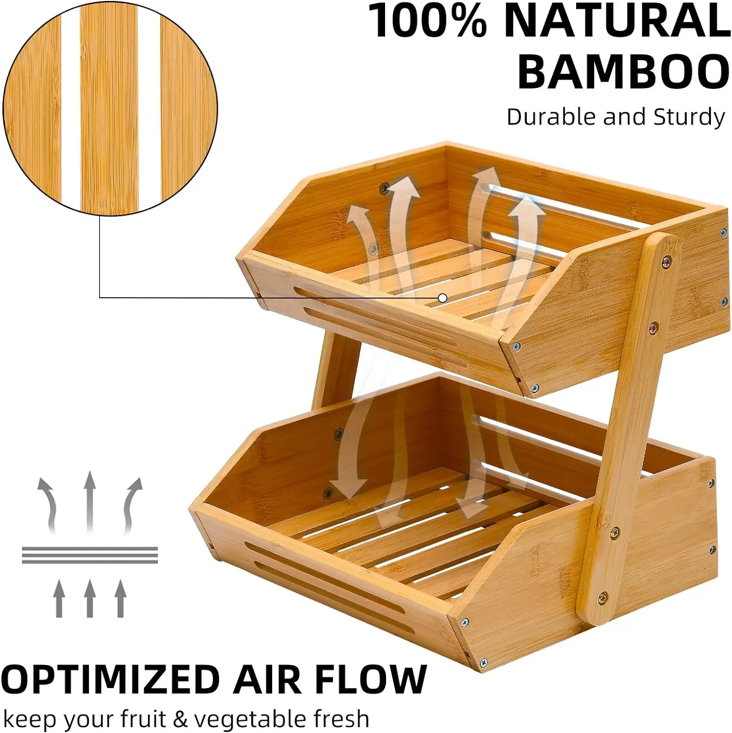 Wholesale 2 Tier Bamboo Fruit Basket,Wooden Storage Tray Fruit Holder,Bamboo Wood Vegetable Stoeage Basket for Kitchen Shelf