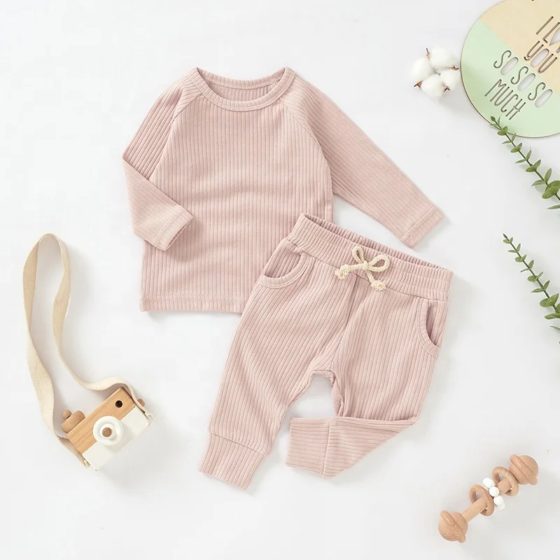 Wholesale Organic Knitted Full Sleeve Spring Autumn 4x2 Ribbed Cotton Baby Pajamas Set Sleeping Clothes