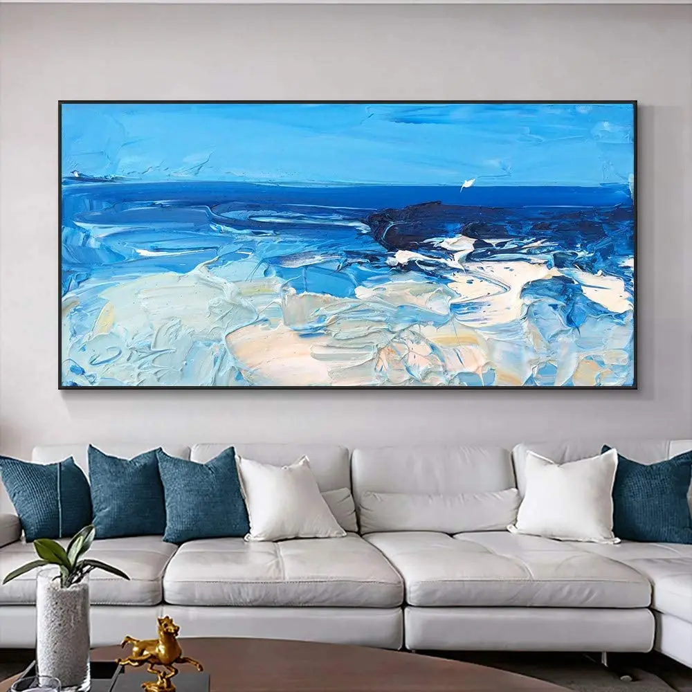 Living Room Home Decor Hand Painted Blue Sea Sky Wall Art Pictures contemporary original abstract blue  ocean oil painting