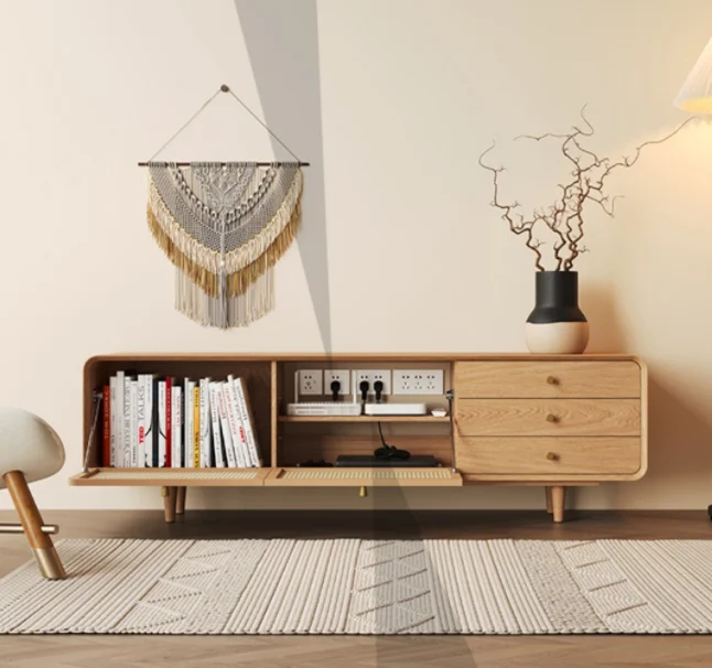 QUAWE Modern Nordic Living Room Rattan Furniture Wood TV Stand Unit Media Console TV Cabinet with Rattan Door