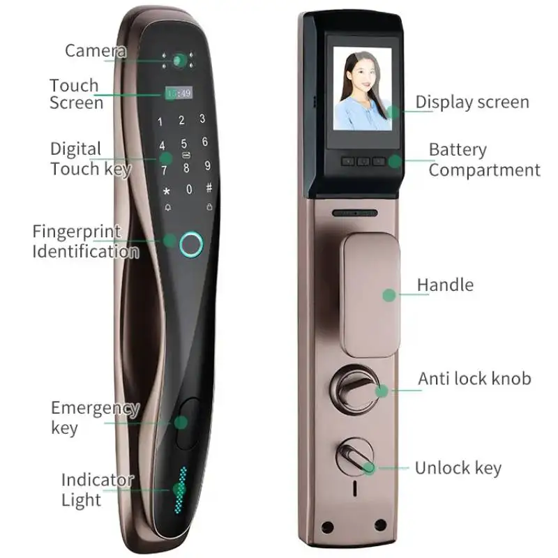 Waterproof Biometric Fingerprint Home Porte En Bois 3d Face Recognition Camera Smart Lock for Front Door WiFi Zigbee Wood