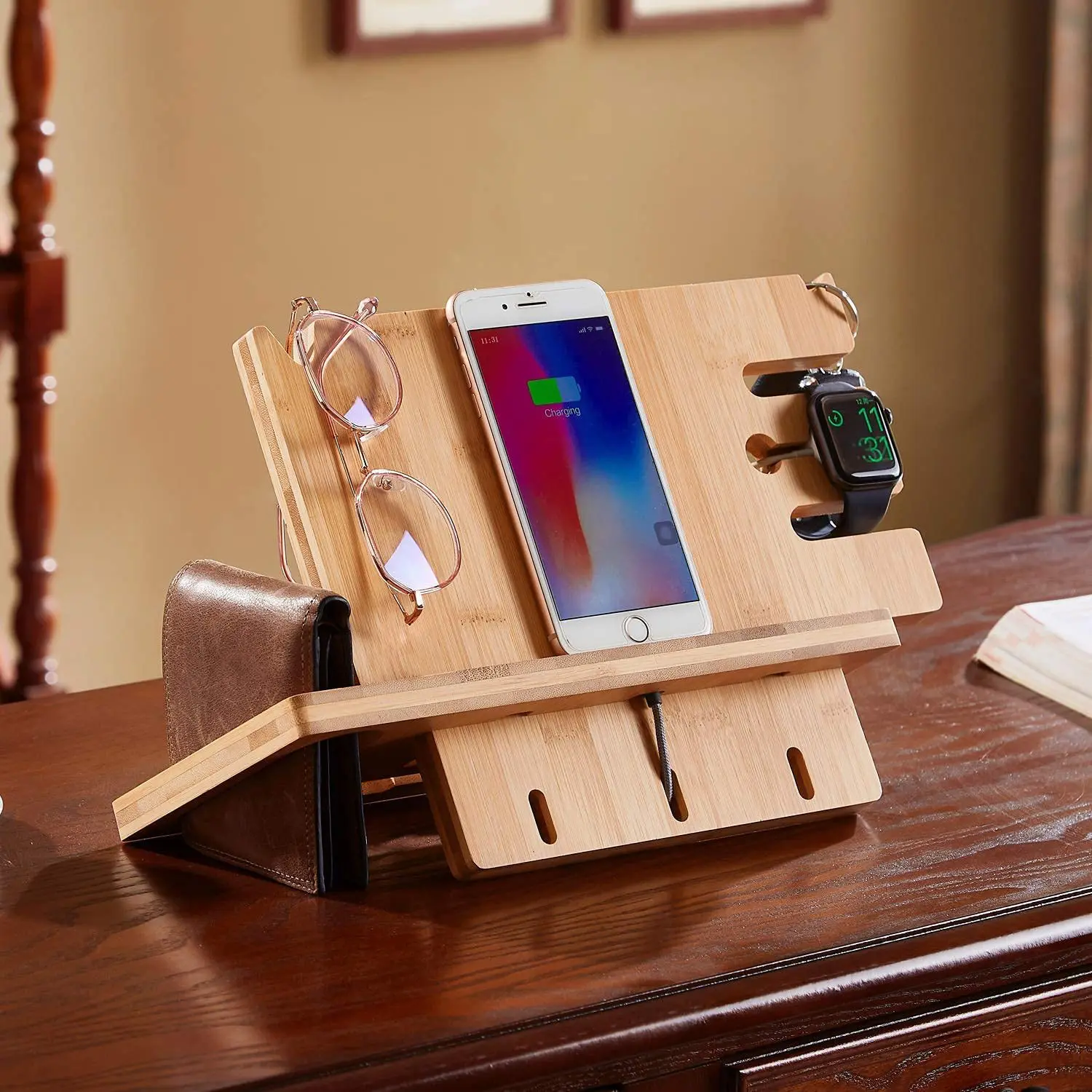 Multiple bamboo wood mobile charging stand for office