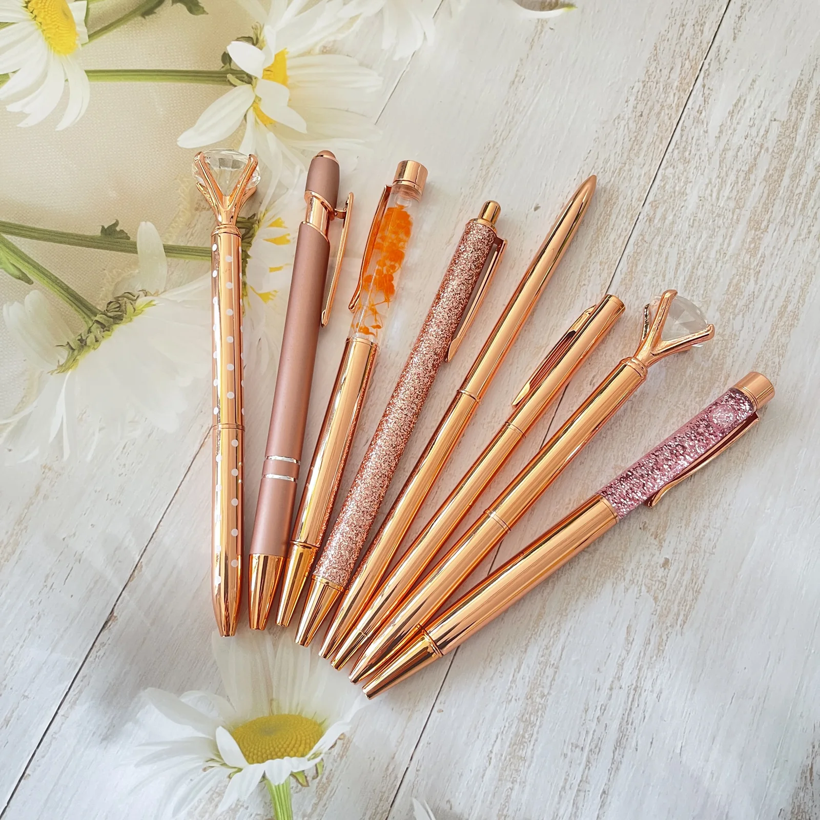 Rose Gold Ballpoint Pens 8pcs Set Office Desk Supplies Accessories, Cute Pens for Women Desk Decor Fancy Crystal Diamond