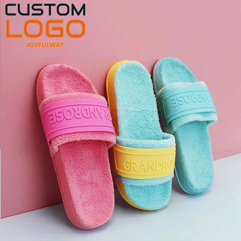 2022 custom logo furry slippers unisex, PVC plush sports indoor outdoor rubber slides slippers custom